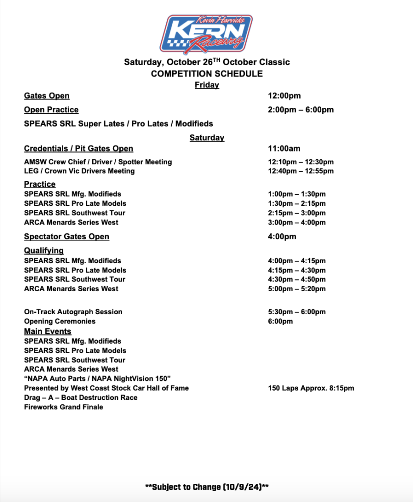 Kern Raceway “October Classic” Schedule SRL Southwest Tour